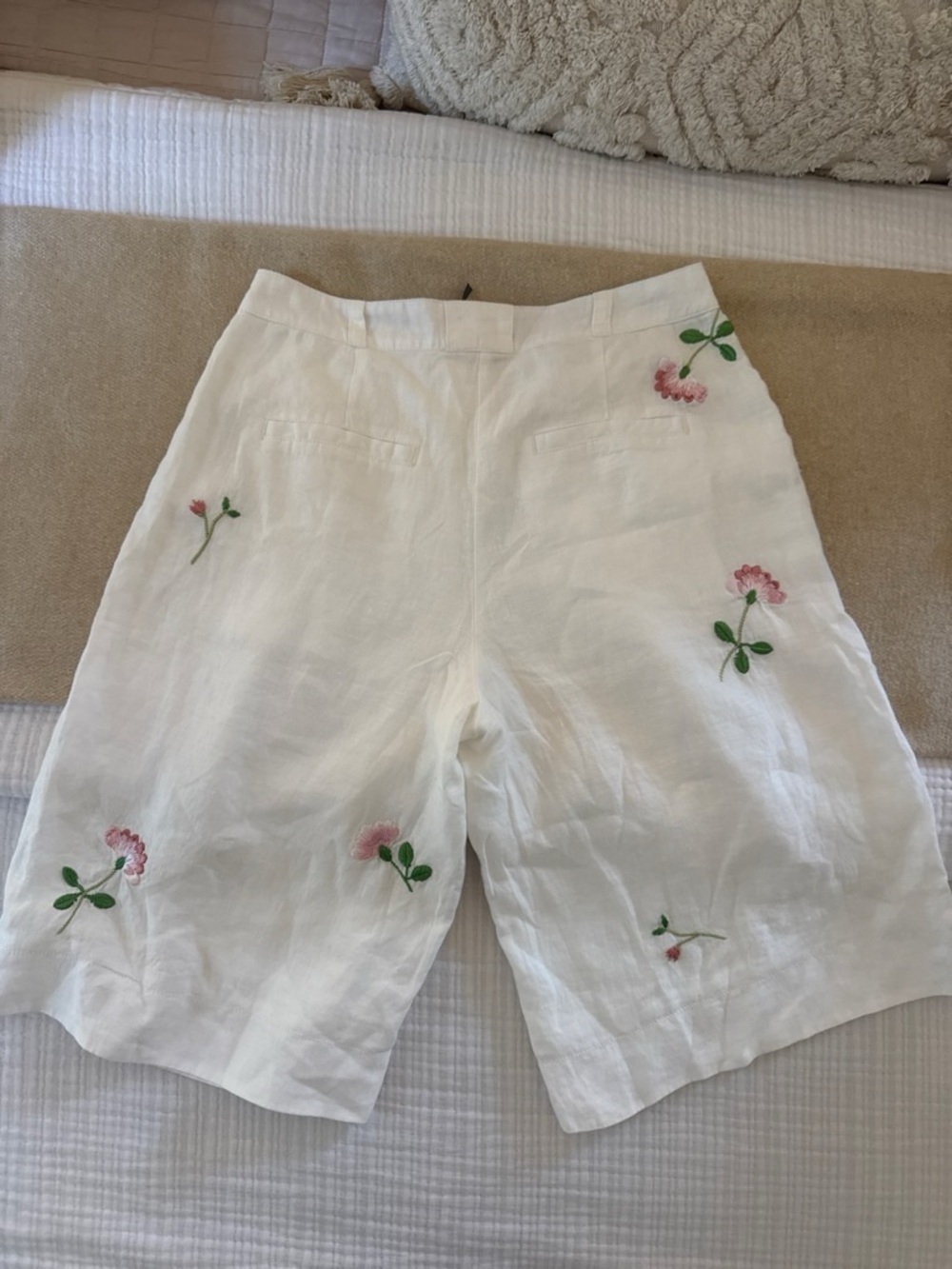 Anthropologie White Linen Bermuda Shorts with Pink Floral Embroidery - Picture 3 of 3